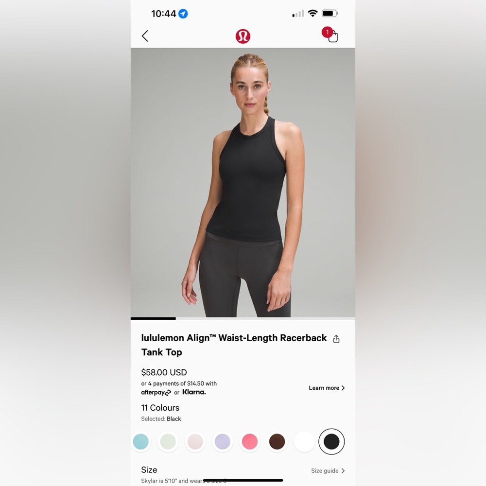 Lulu Lemon Align Waist - Length Racerback Tank Top, Black, Size 4